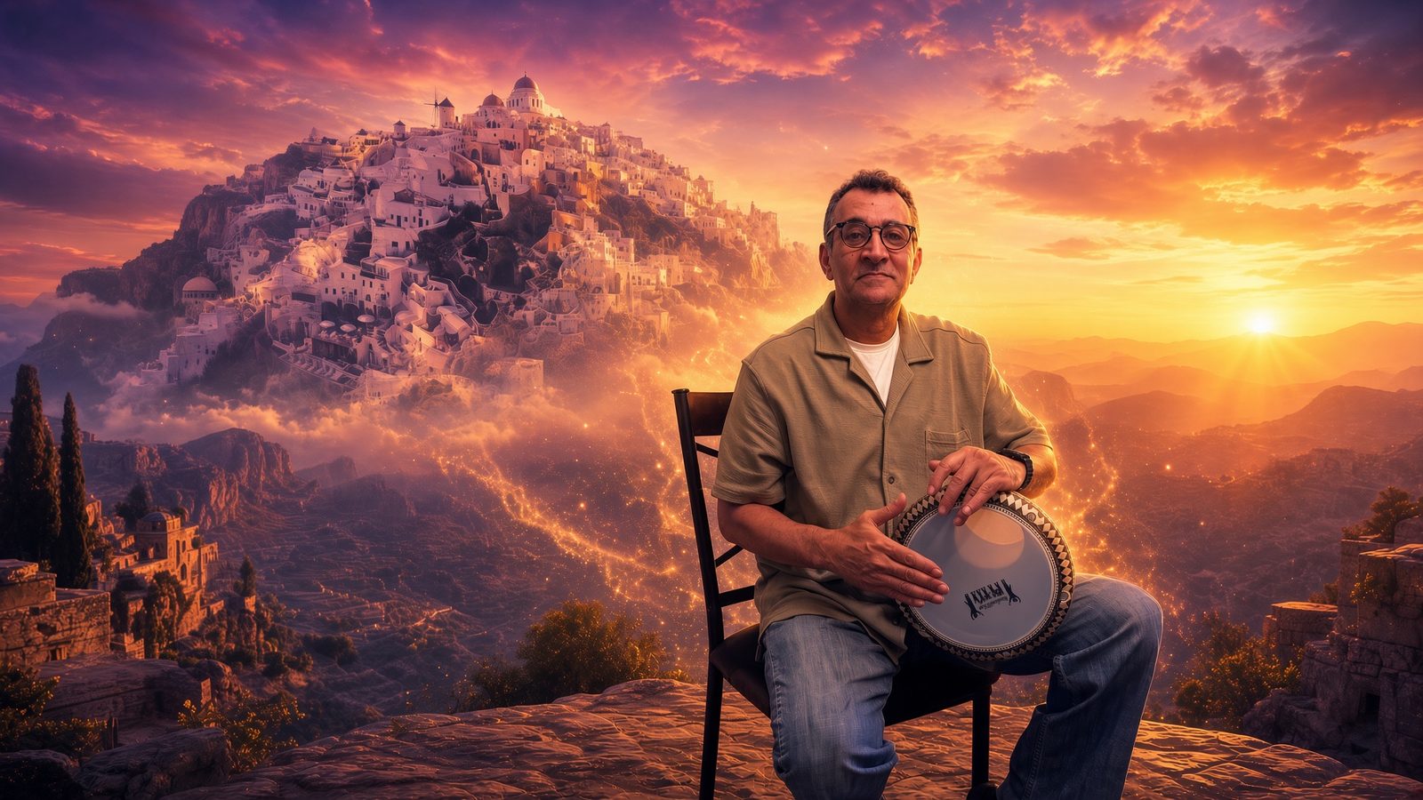 Mourad Youssef Bouajaja playing darbuka before an imagined hillside village at golden hour