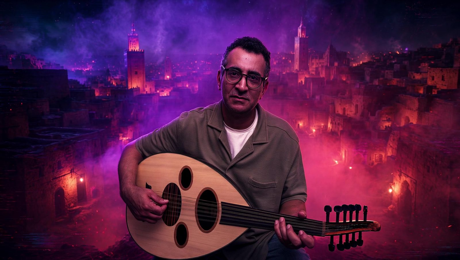Mourad Youssef Bouajaja singing and playing oud in an imagined night medina lit by purple and red smoke
